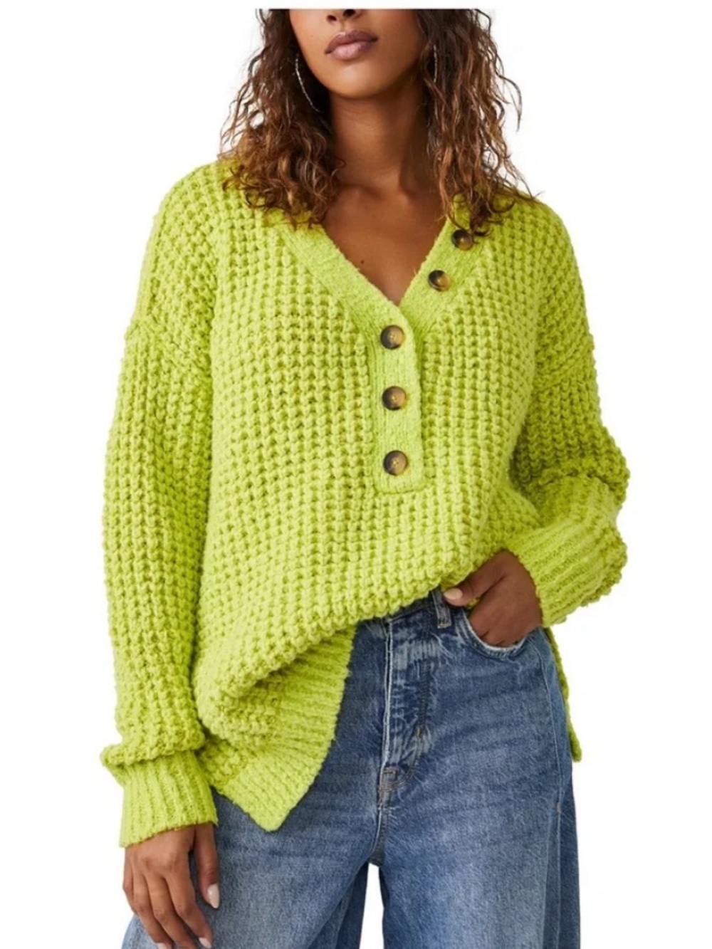 Free People Chunky V-Neck Button Sweater in Lime